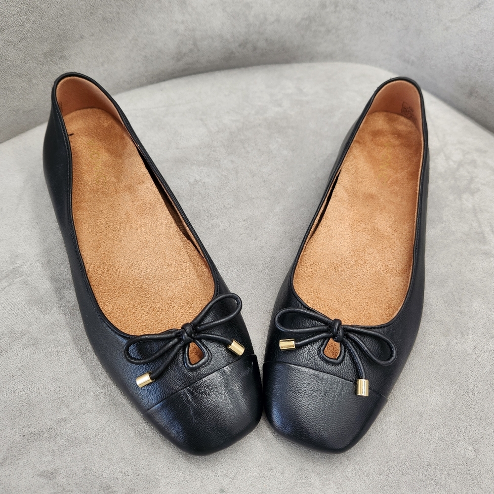 Vionic Ballet Flats 9.5 Black Leather Klara Bow Logo Arch Support Comfy New $150 - Picture 5 of 16